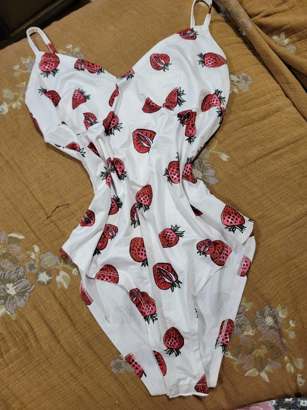 White One-Piece Bodysuit with Red Strawberry Print